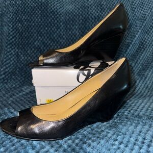 Nine West Elegant Black Open Toe Wedge Heels